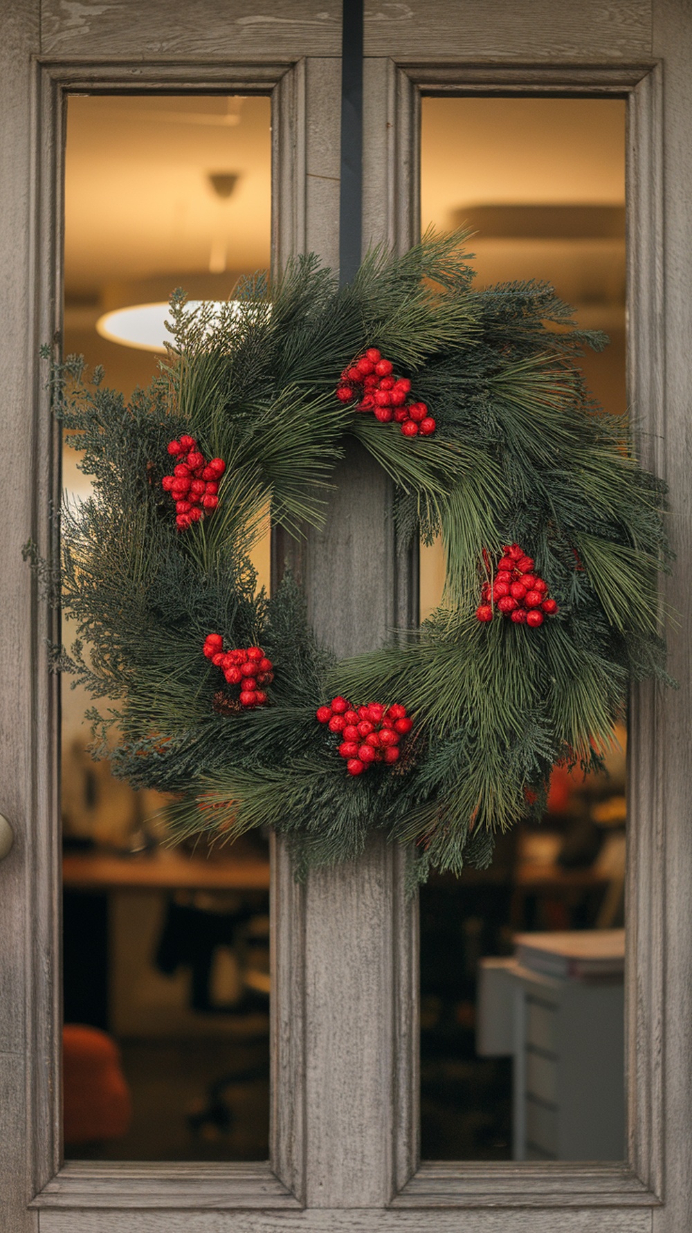 A decorative winter wreath hanging on an office door, featuring green foliage and red berries.