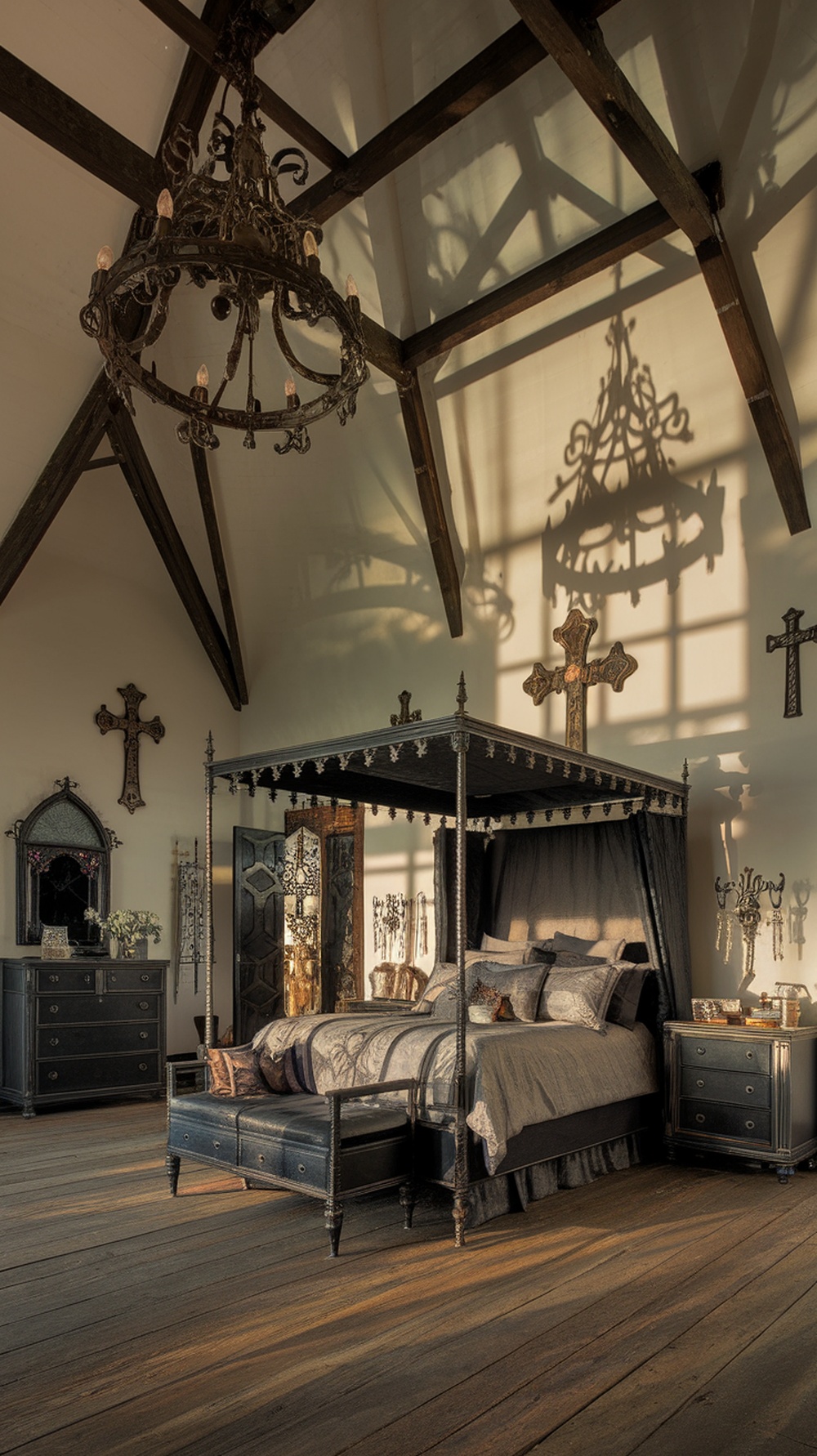 A vintage chandelier hanging in a gothic bedroom with dark decor and wooden beams.