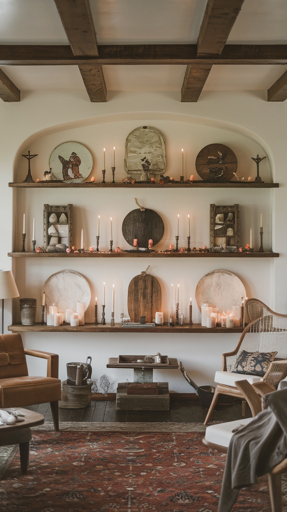 A cozy living room shelf decorated with vintage items, candles, and warm lighting.
