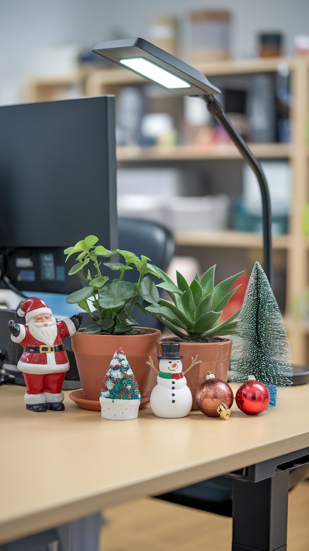 A stylish desk with a succulent plant in a white pot, a lamp, and decorative items like pinecones and ornaments.