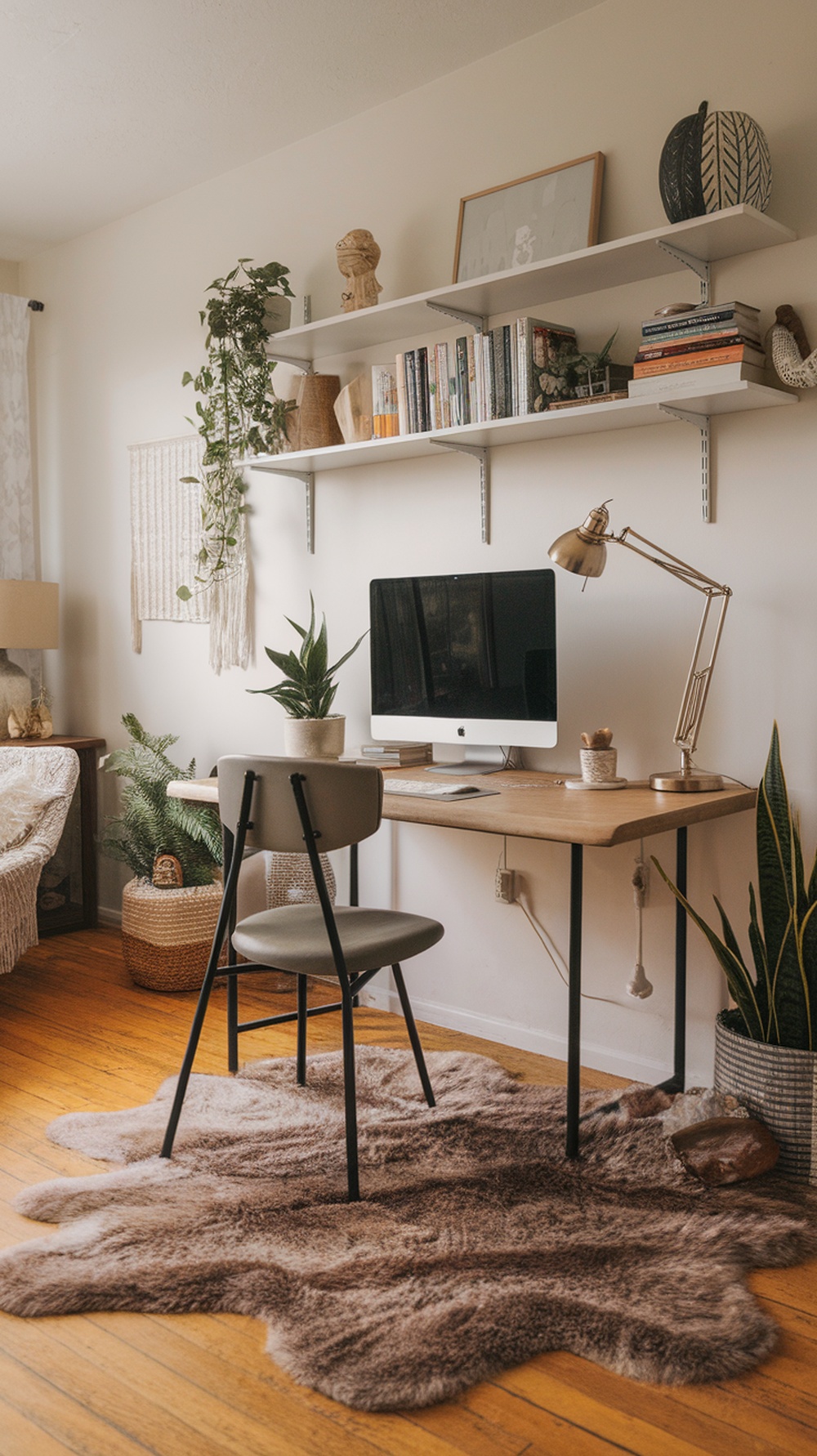 A cozy home office featuring a faux fur rug, a desk with a computer, and plants.