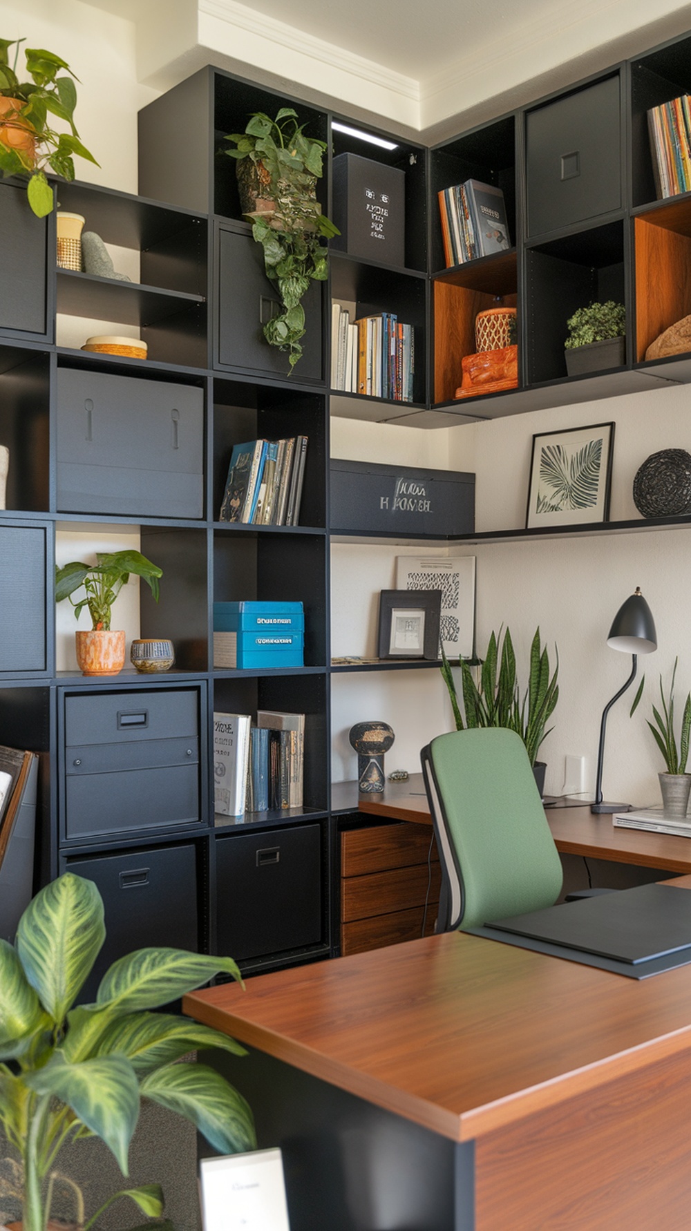 A modern black shelving unit filled with books and decorative boxes, showcasing a stylish dark office design.