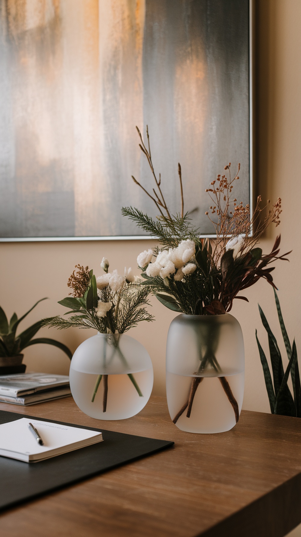 Frosted glass vases with flowers on a wooden desk
