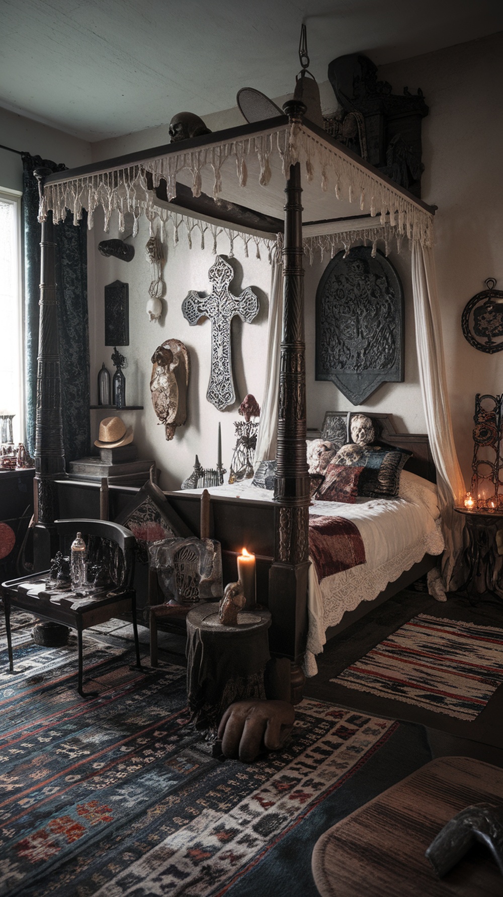 A gothic bedroom featuring a four-poster bed, eclectic accessories, and dark romantic decor.