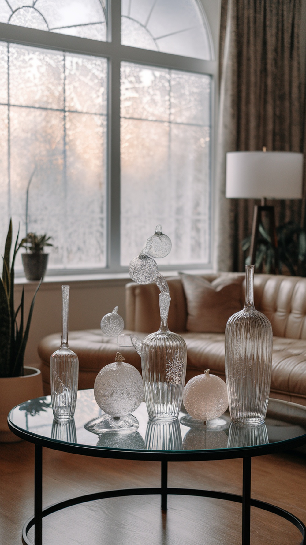 A collection of elegant glass decor pieces on a coffee table, showcasing various shapes and textures, with a cozy living room setting in the background.