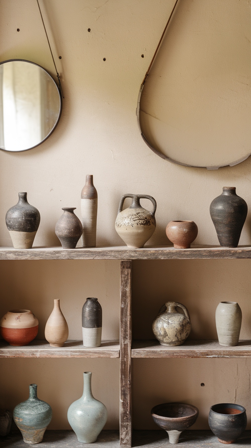 A collection of artisan pottery and ceramics displayed on wooden shelves, showcasing various shapes and colors.