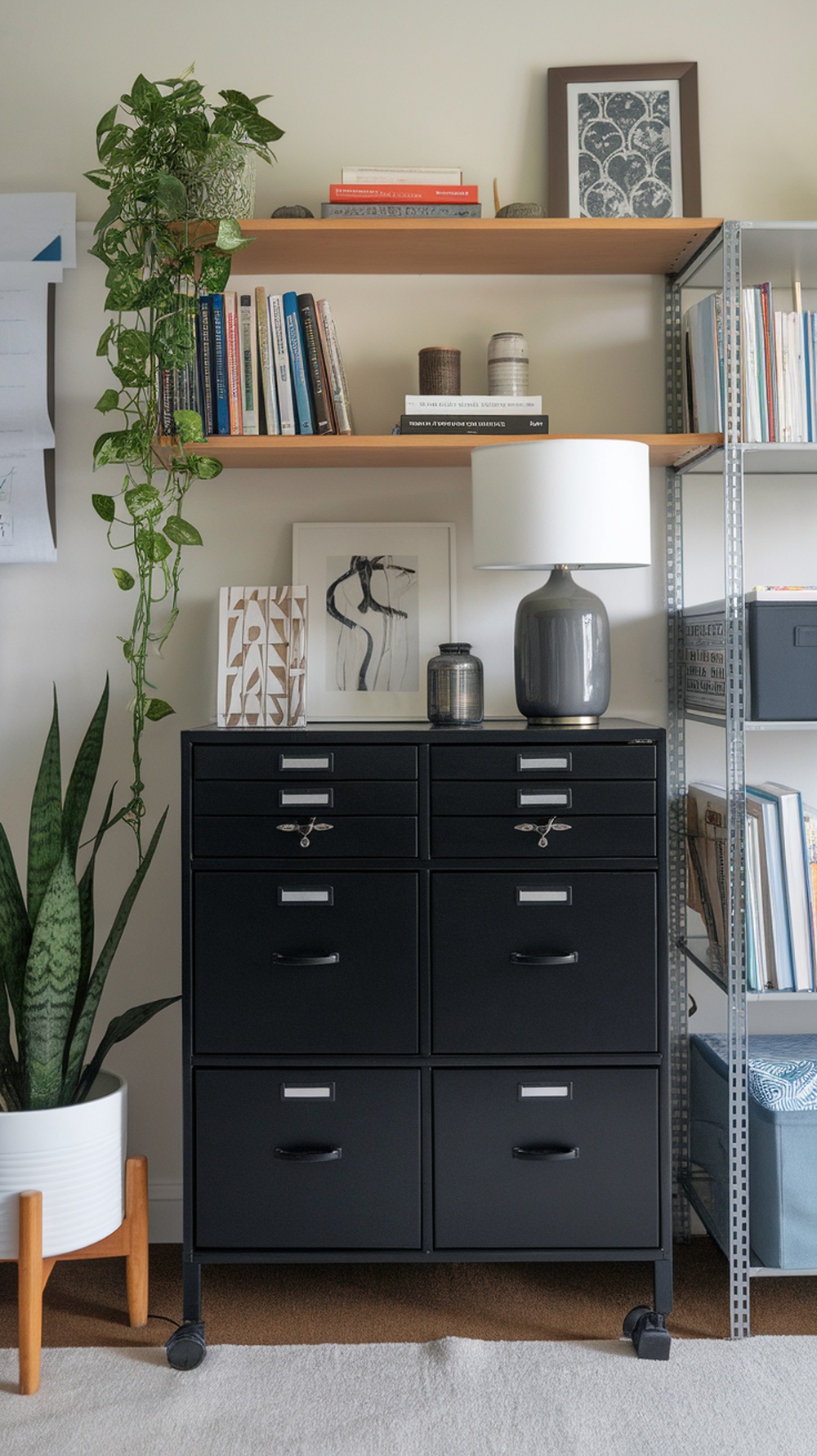 A stylish black filing cabinet in a modern office setting with plants and books.