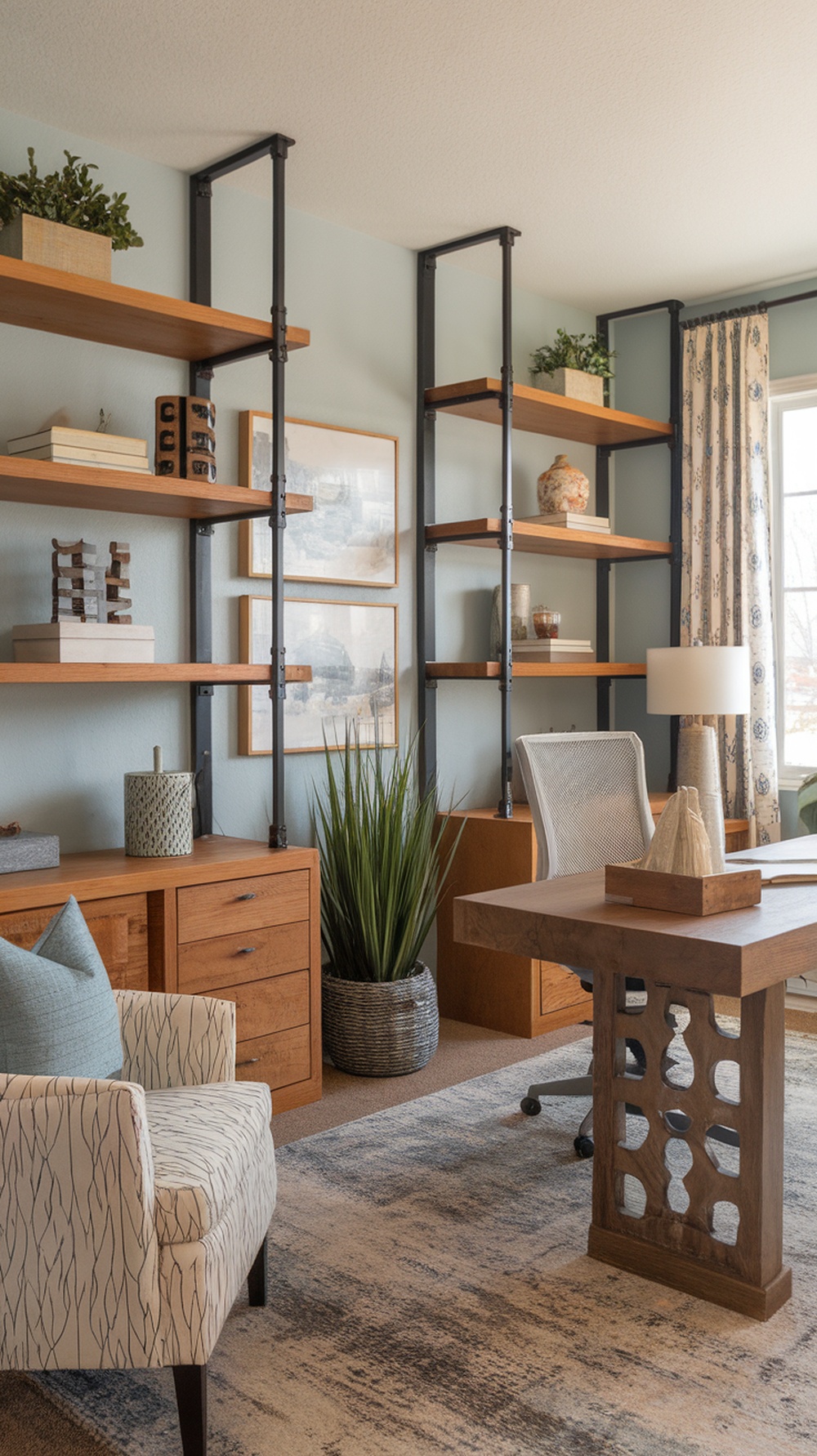 A cozy home office with wooden shelves and furniture, featuring a plant and decorative items.