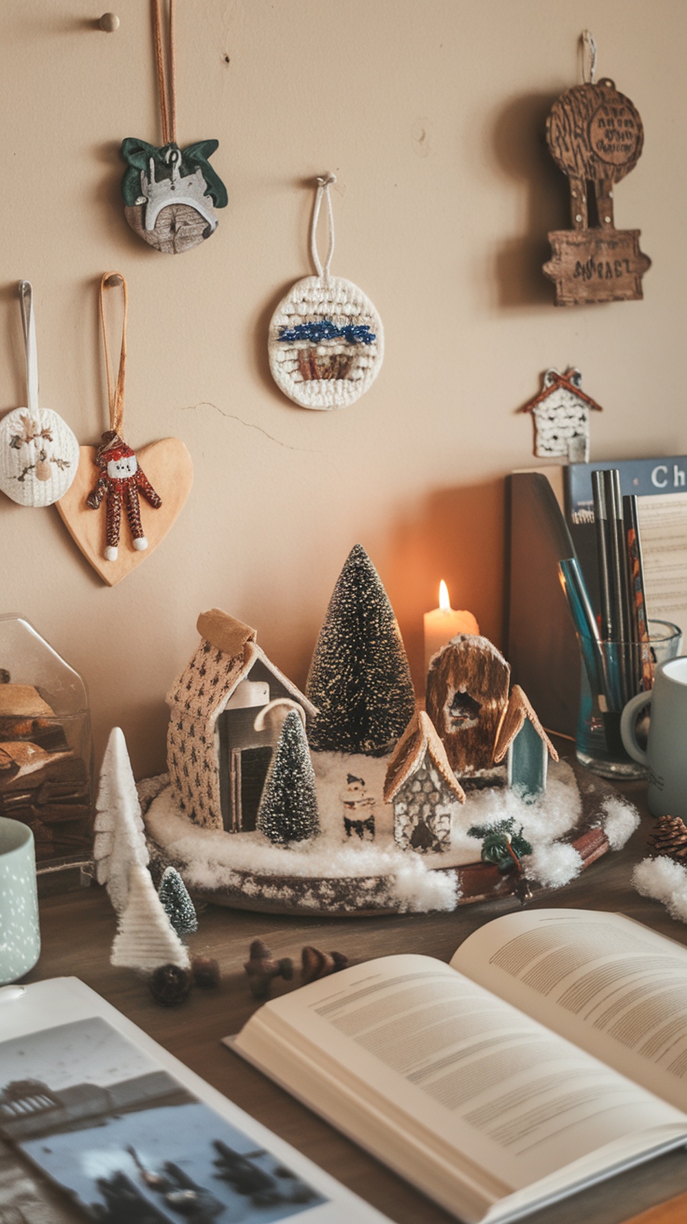 A cozy home office decorated with artisan-made winter decor items, including tiny houses, trees, and ornaments.