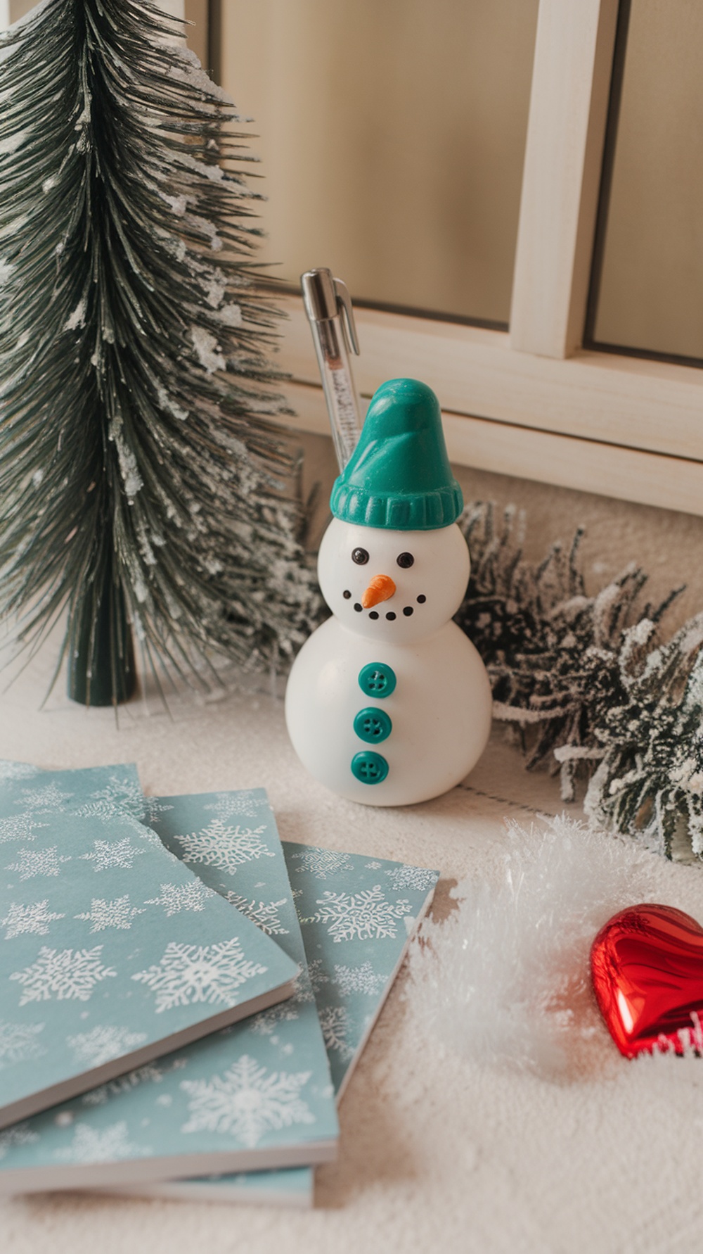 A winter-themed desk setup featuring a snowman pen holder, snowflake notebooks, a small evergreen tree, and a shiny red heart.