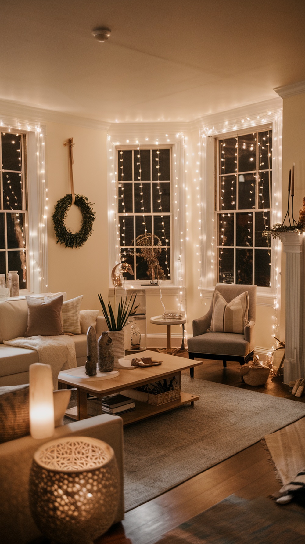 A cozy living room with warm string lights draped around the windows, showcasing a neutral winter decor theme.