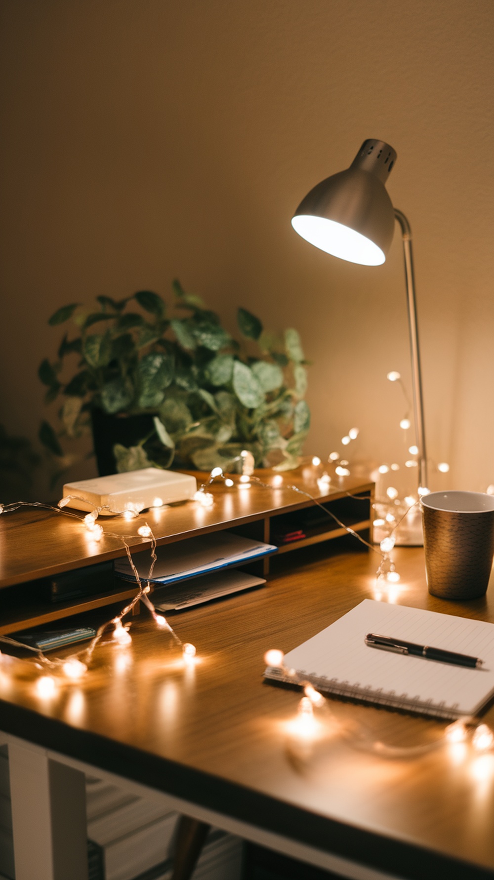 A cozy desk setup with fairy lights, a lamp, a notebook, and a plant.