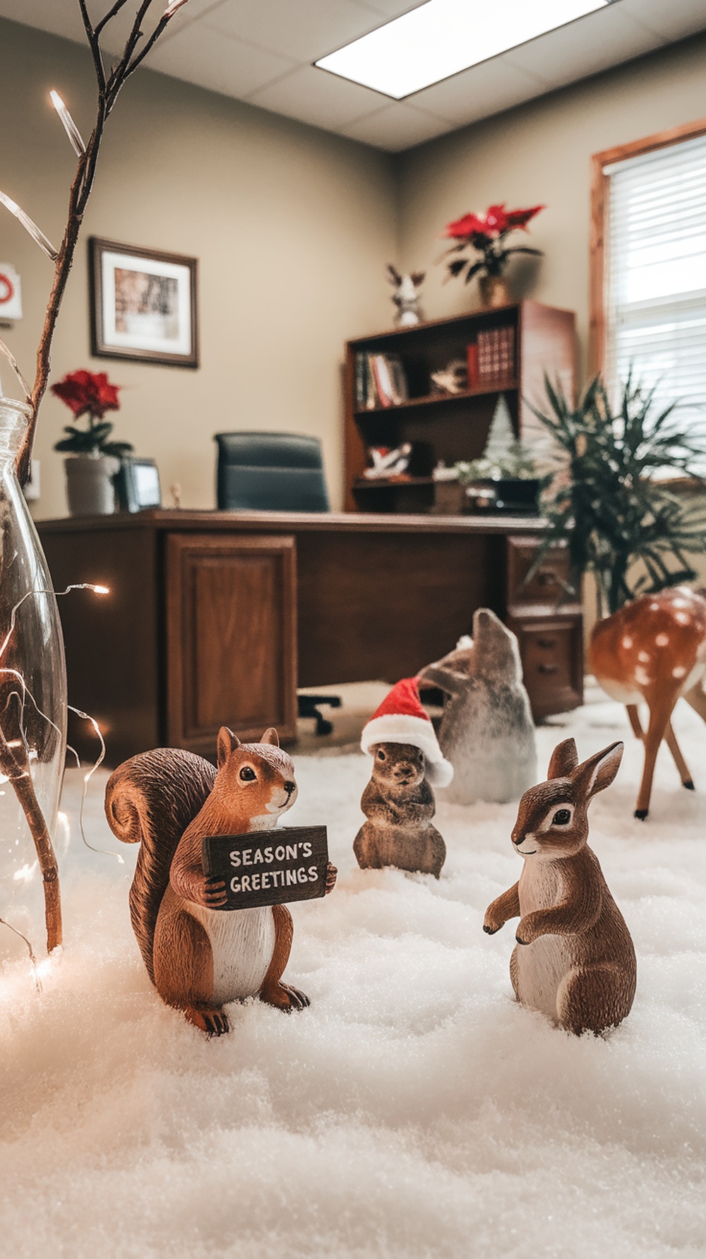 A cozy office scene featuring woodland creature decorations, including a squirrel, rabbit, and deer, surrounded by faux snow.