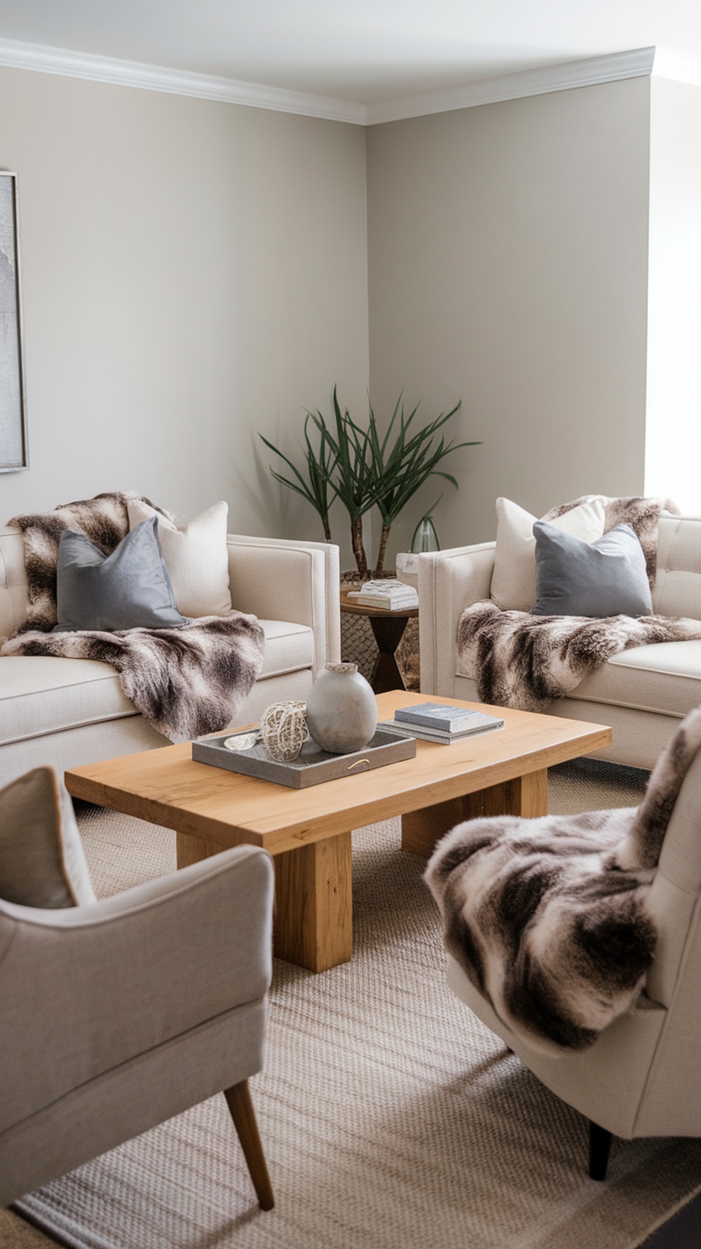 Cozy living room with faux fur accents on sofas and a wooden coffee table.