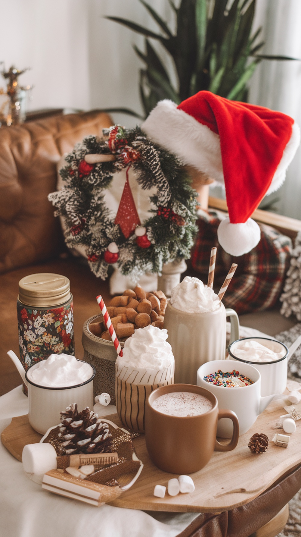A cozy hot cocoa station with various mugs, toppings, and a festive wreath.
