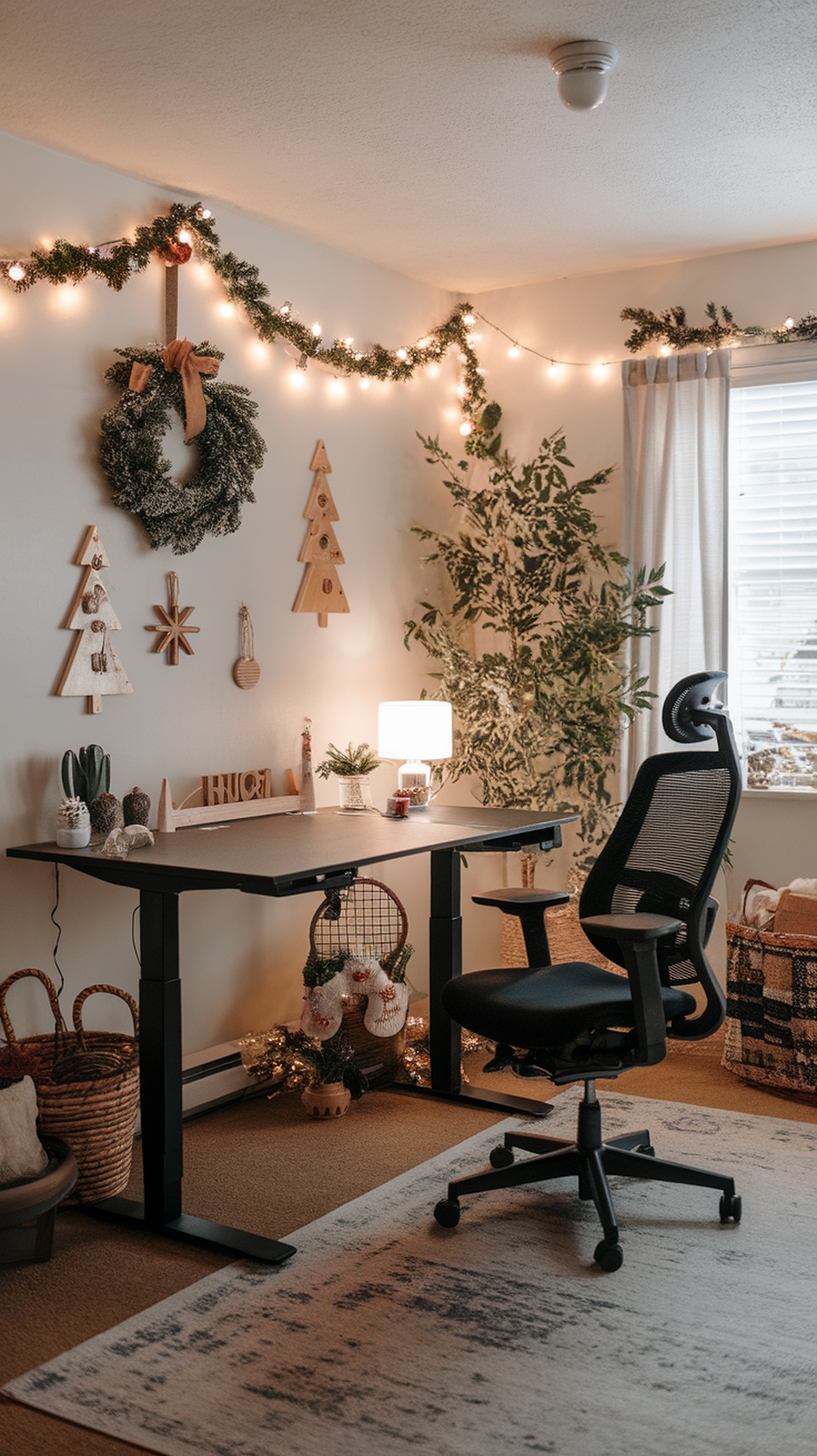 A cozy home office decorated for winter with a desk, lamp, plants, and seasonal decor.