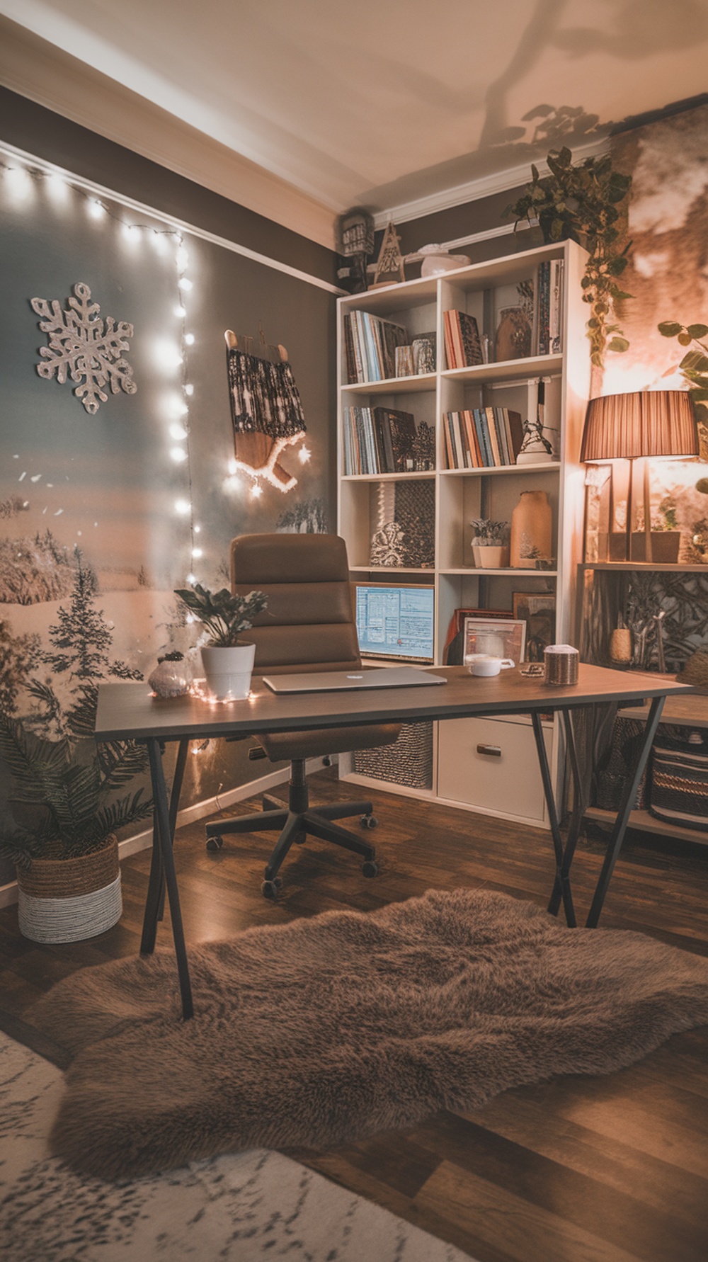 A cozy office space with a faux fur rug, desk, and holiday decor.