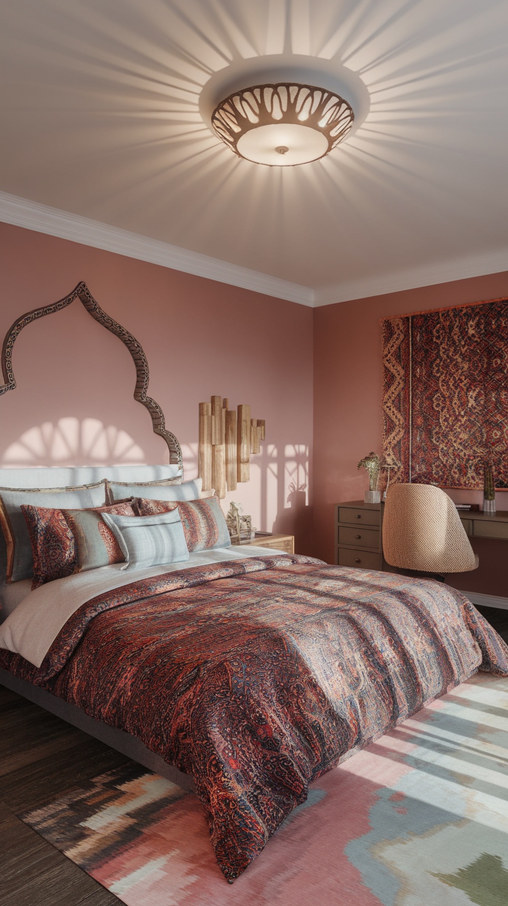 A cozy bohemian bedroom featuring global-inspired patterns with warm colors and intricate designs.