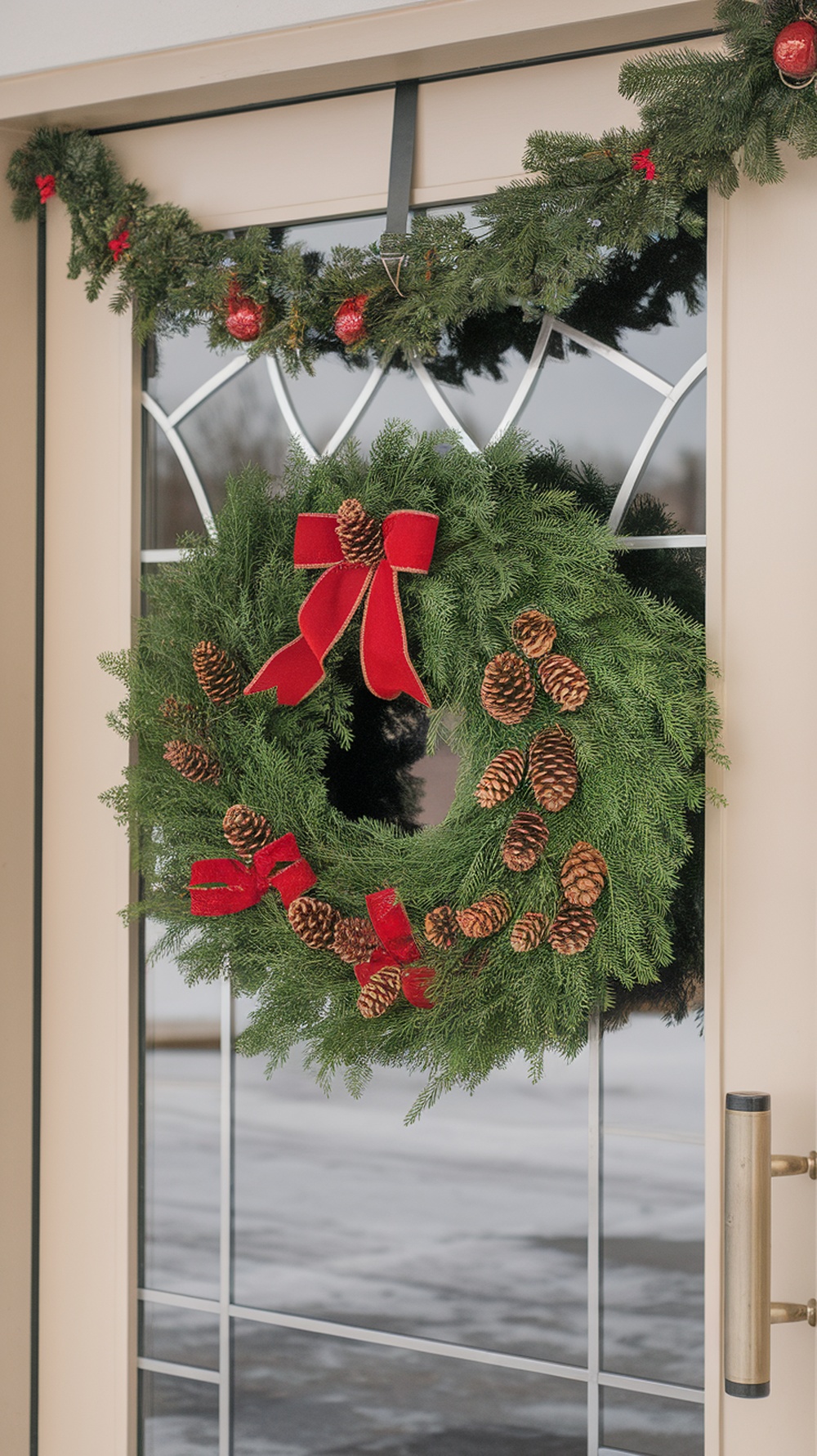 A decorative evergreen wreath with red ribbons and pinecones hanging on a door, surrounded by a garland.