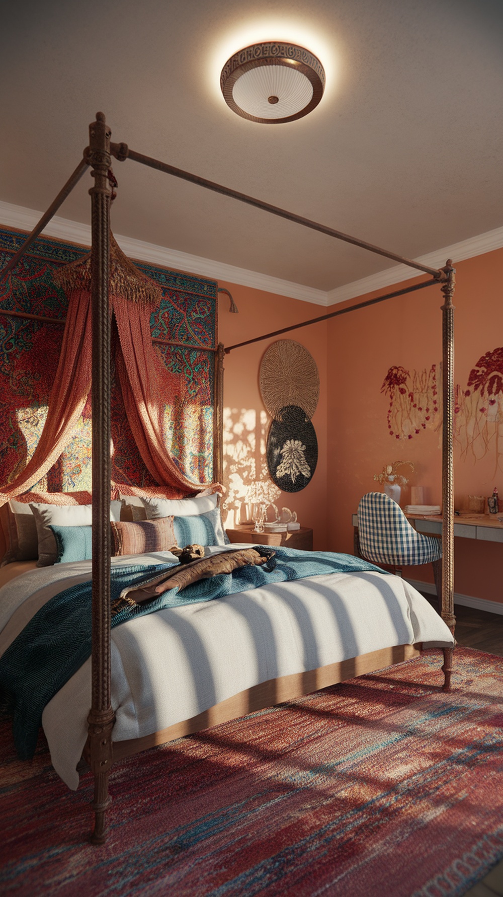 A cozy bohemian bedroom featuring layered textiles, a four-poster bed, and vibrant decor.