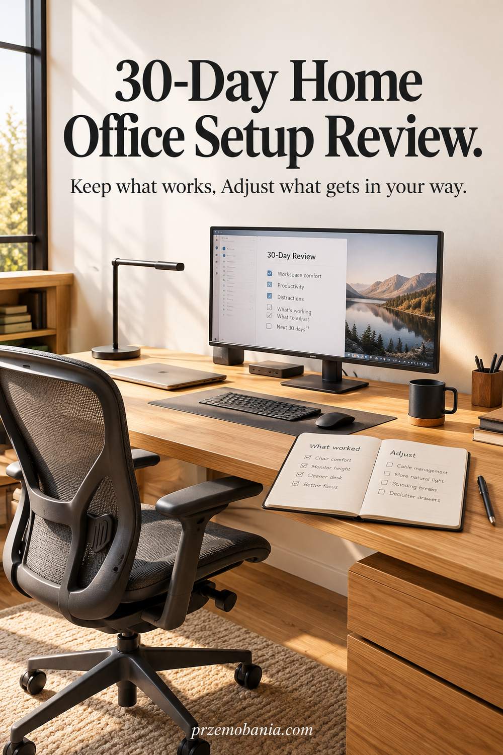 30-Day Home Office Setup Review: a bright desk and chair beside a window.