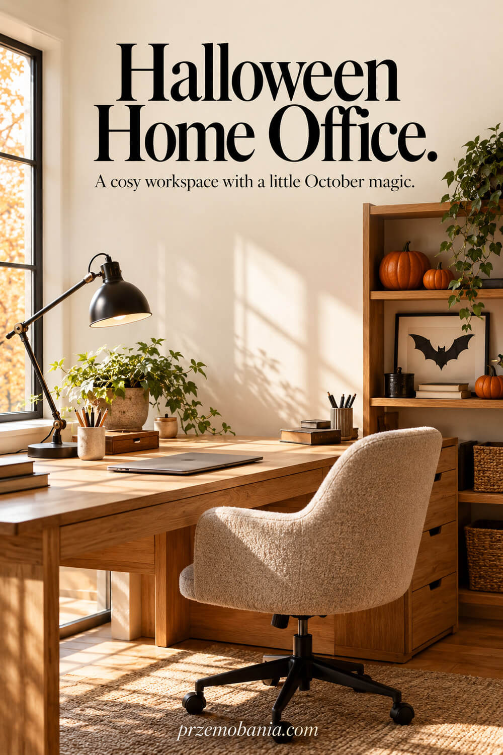 Warm oak Halloween home office with pumpkins, framed bat artwork and a clear desk.