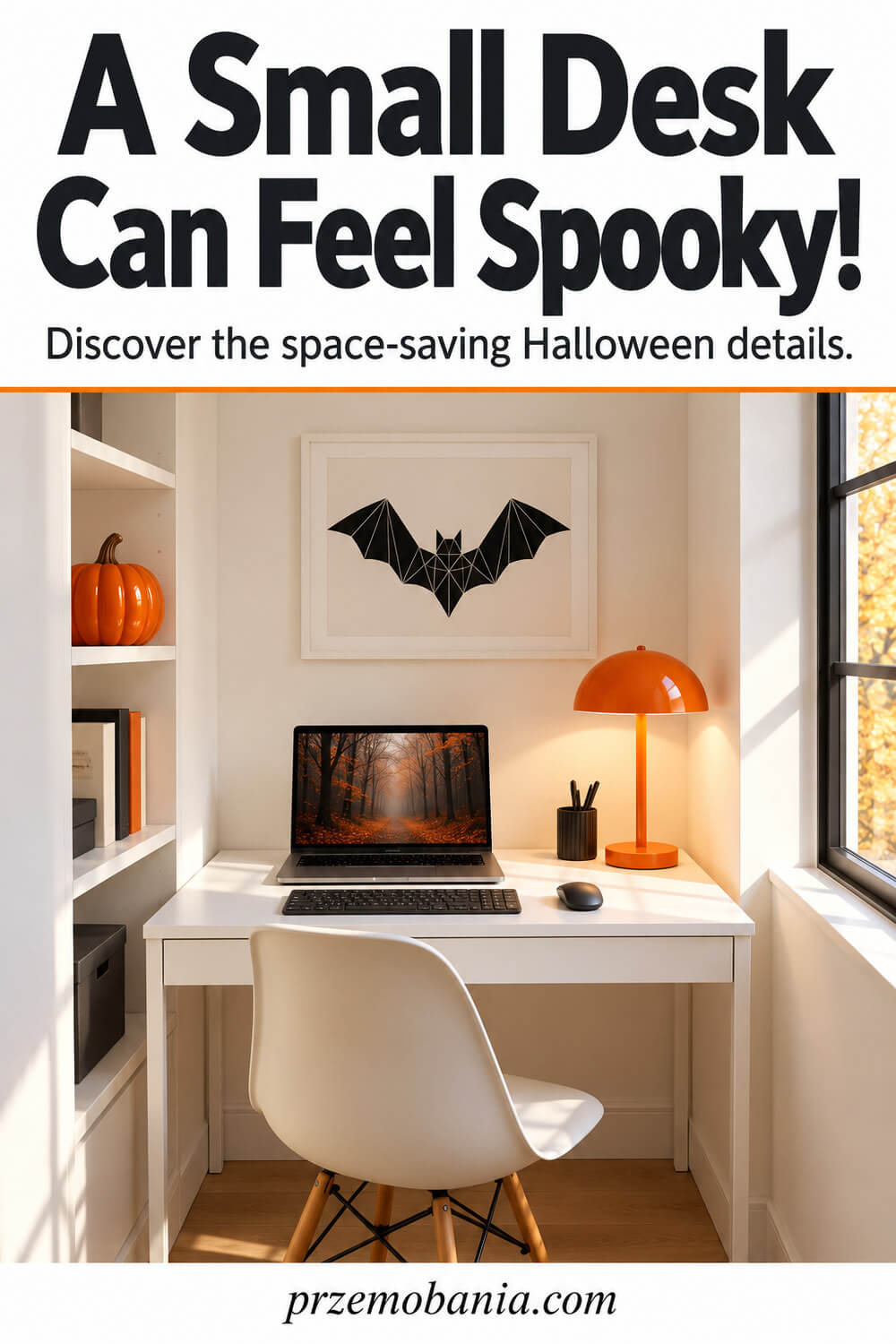 Compact white Halloween home office with an orange lamp, pumpkin and bat print.