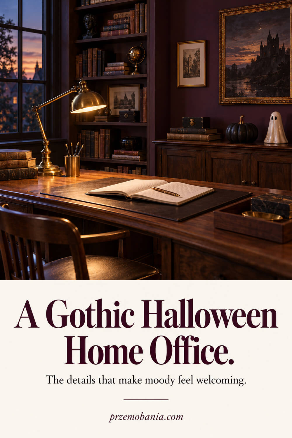 Dark academia Halloween home office with walnut furniture, plum walls and a ceramic ghost.