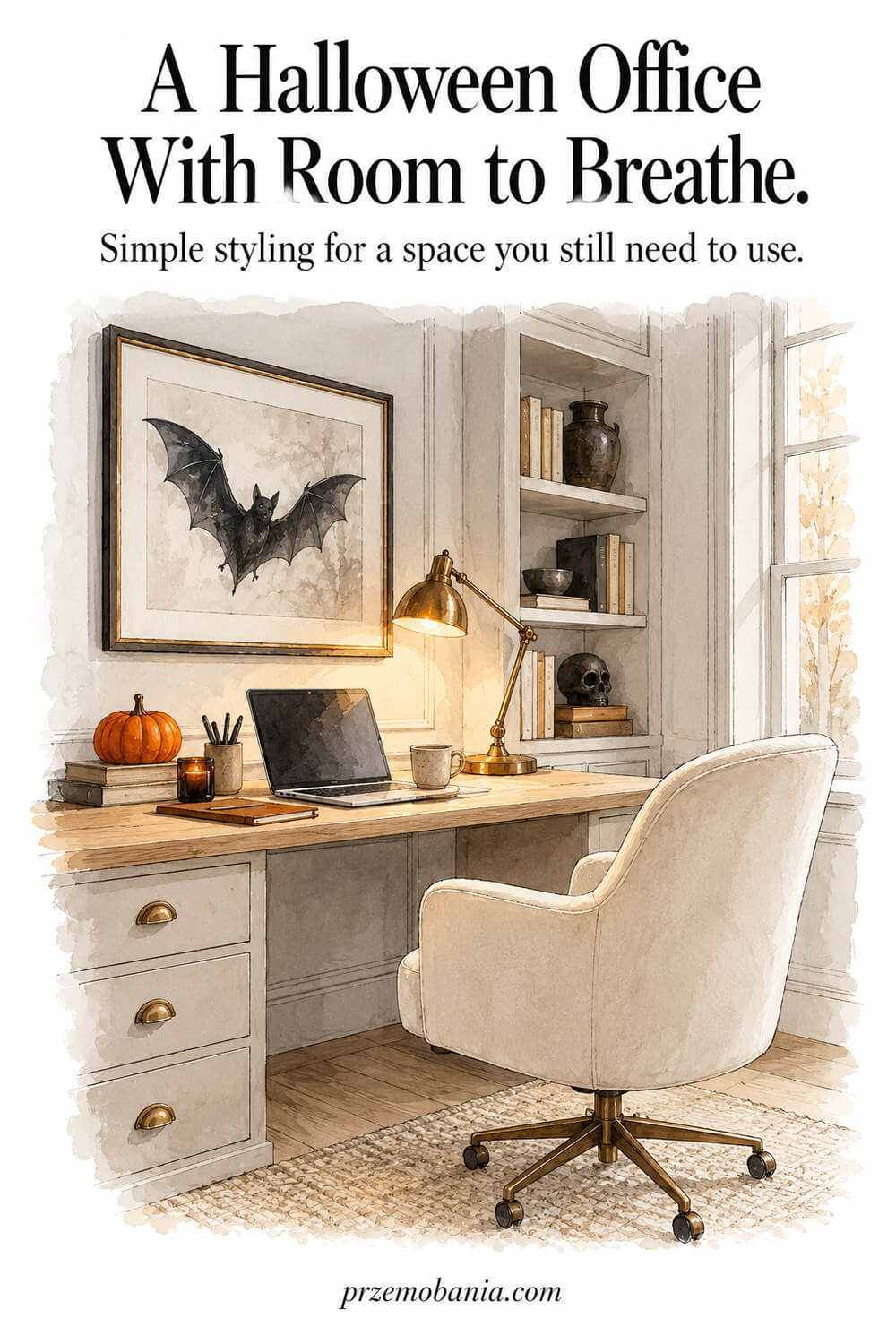 Watercolour sketch of a Halloween home office with bat artwork, desk lamp and upholstered chair.