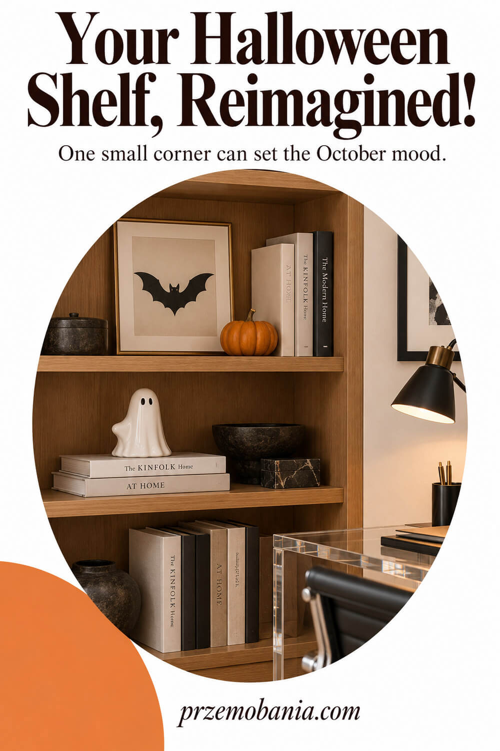 Halloween home office shelf with framed bat artwork, a pumpkin, ceramic ghost and books.
