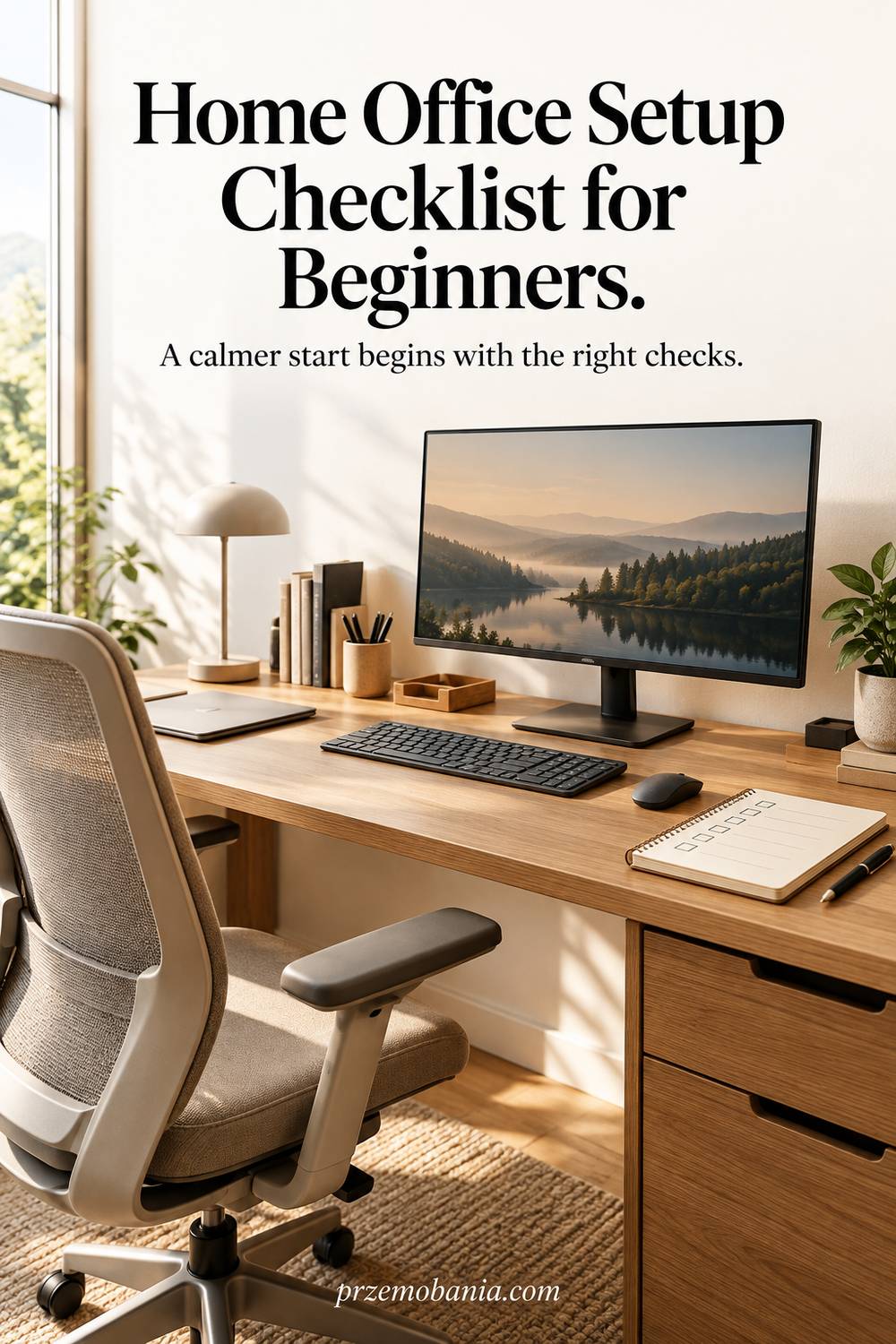 Home Office Setup Checklist for Beginners: a welcoming workspace with practical setup reminders.