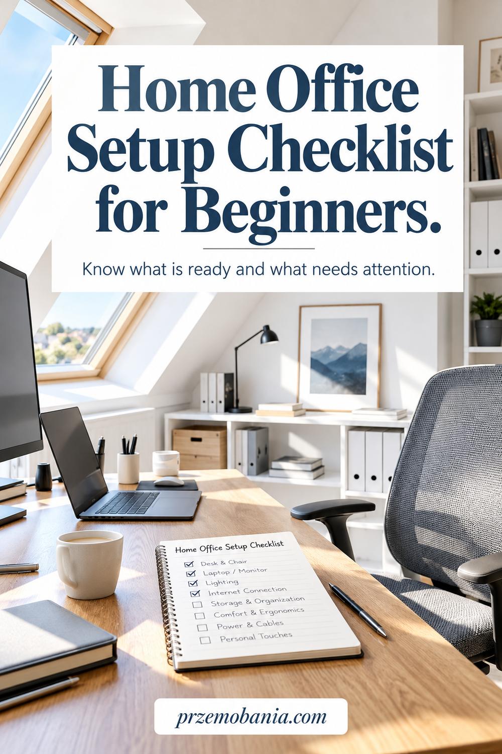 Home Office Setup Checklist for Beginners: a light-filled attic workspace.