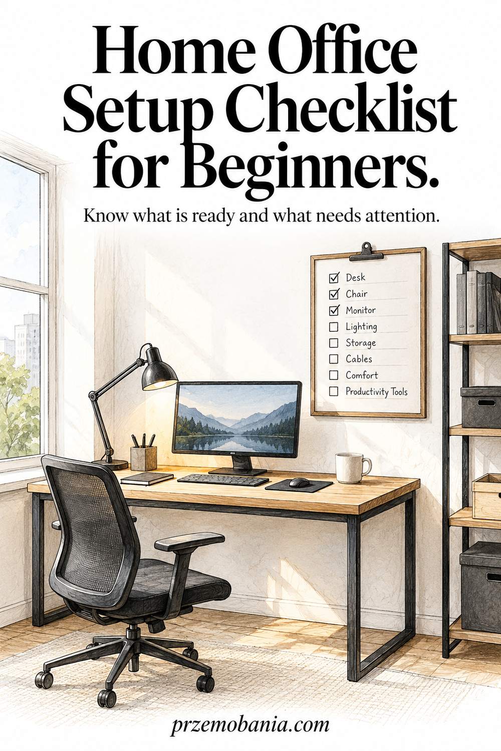 Home Office Setup Checklist for Beginners: an illustrated desk and adjustable chair.