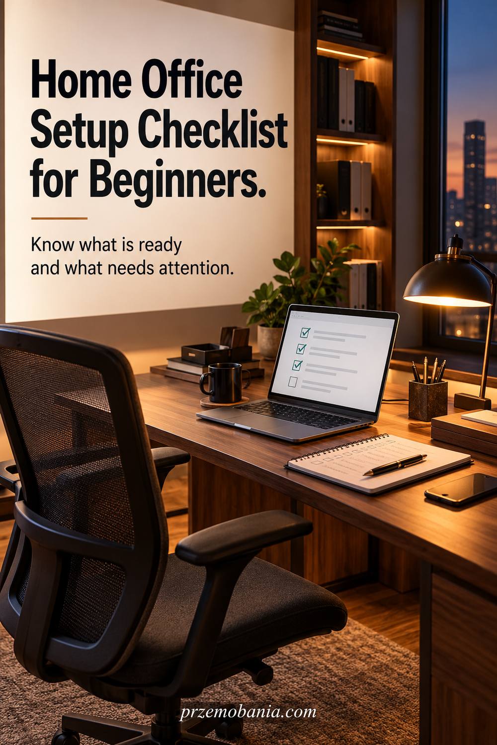 Home Office Setup Checklist for Beginners: a warmly lit workspace in the evening.