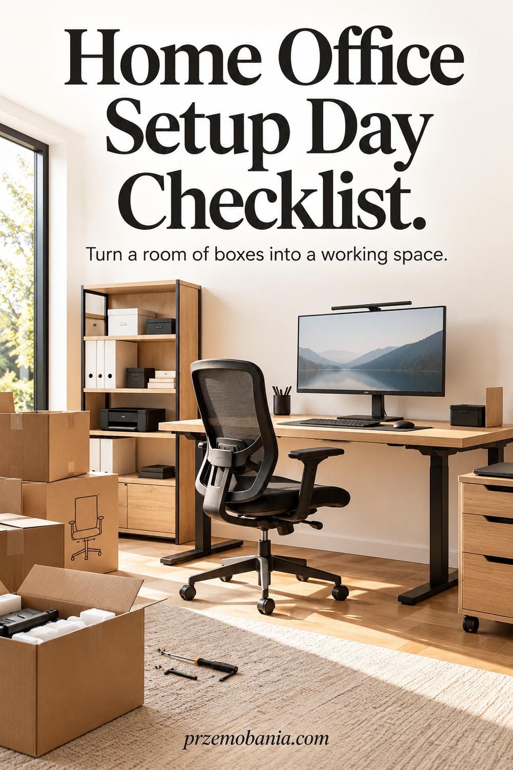Home Office Setup Day Checklist: a bright desk and chair beside a window.