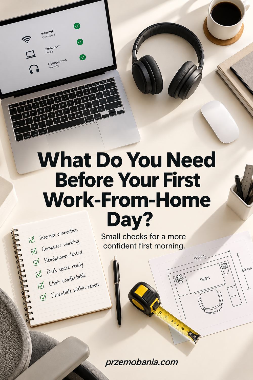 What Do You Need Before Your First Work-From-Home Day? an overhead view of a workspace planning checklist.