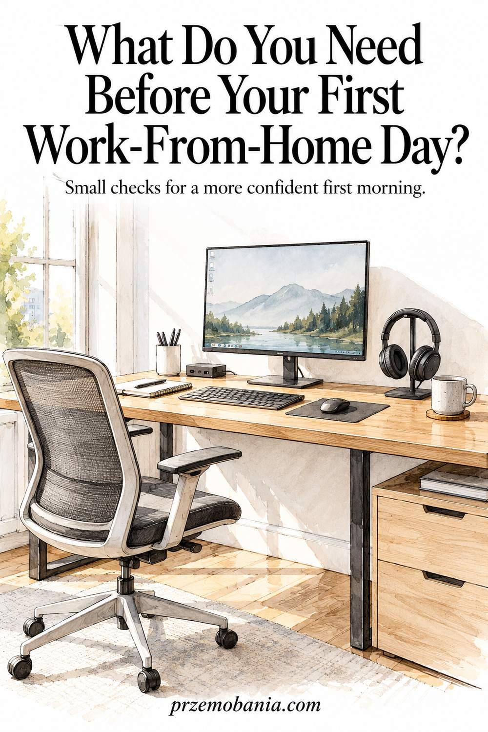 What Do You Need Before Your First Work-From-Home Day? an illustrated desk and adjustable chair.