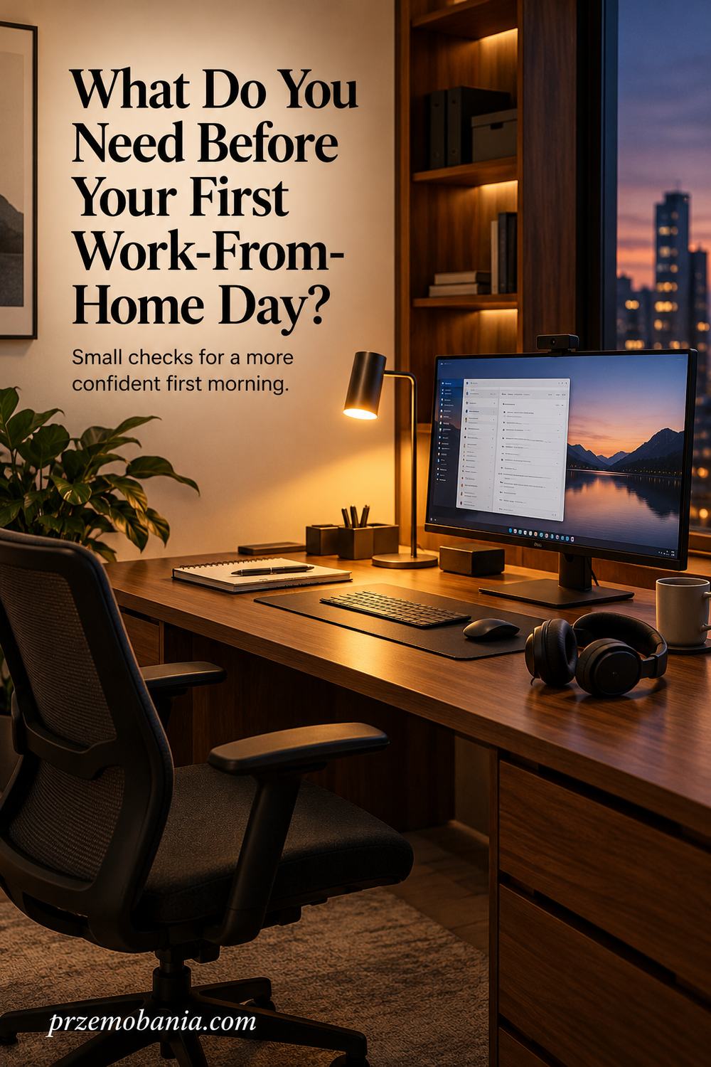 What Do You Need Before Your First Work-From-Home Day? a warmly lit workspace in the evening.