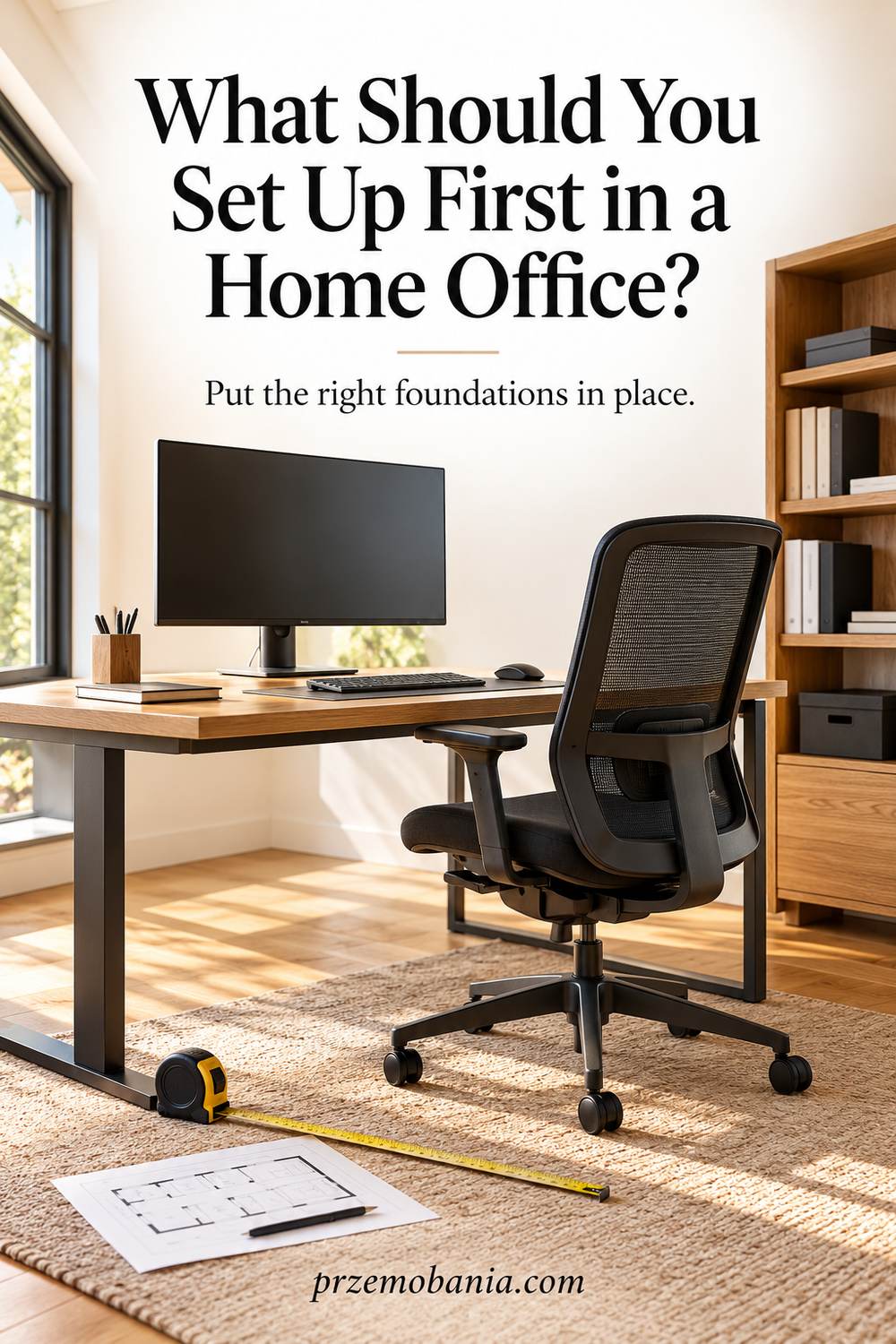 What Should You Set Up First in a Home Office? a bright desk and chair beside a window.