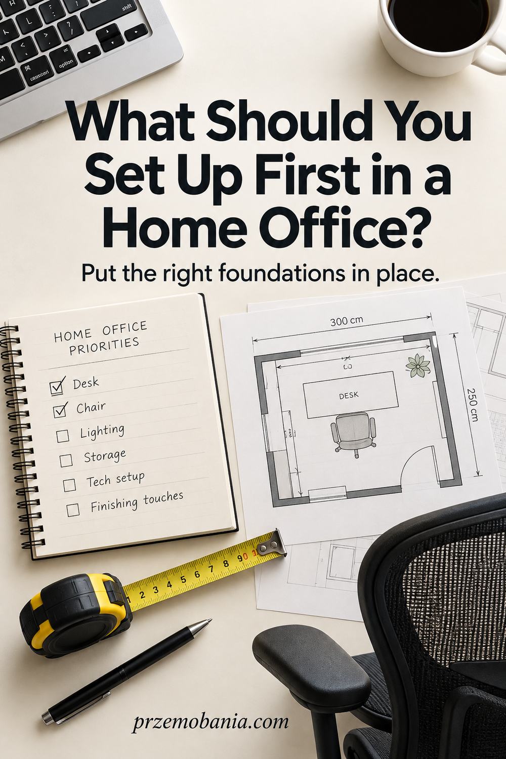 What Should You Set Up First in a Home Office? an overhead view of a workspace planning checklist.