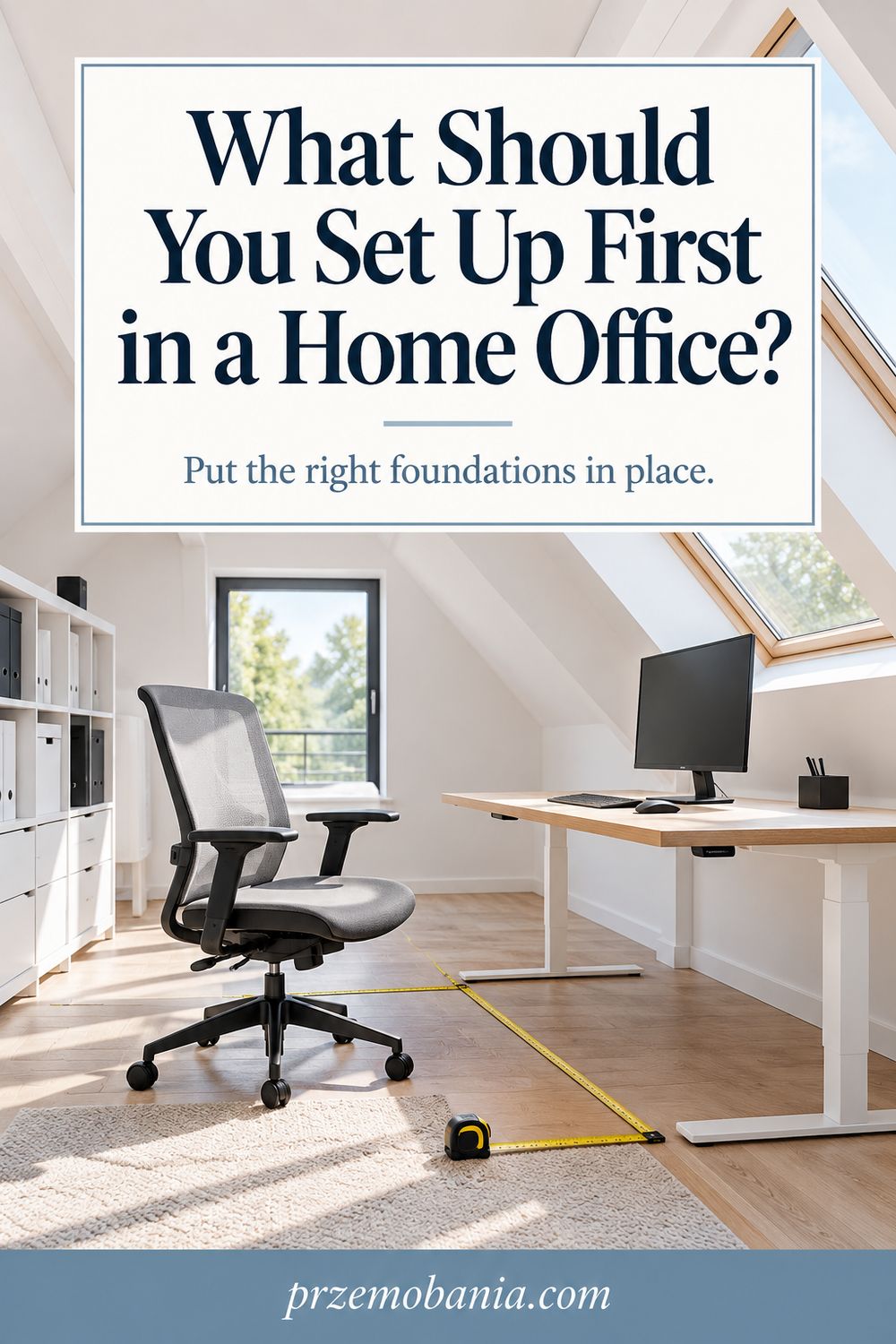 What Should You Set Up First in a Home Office? a light-filled attic workspace.