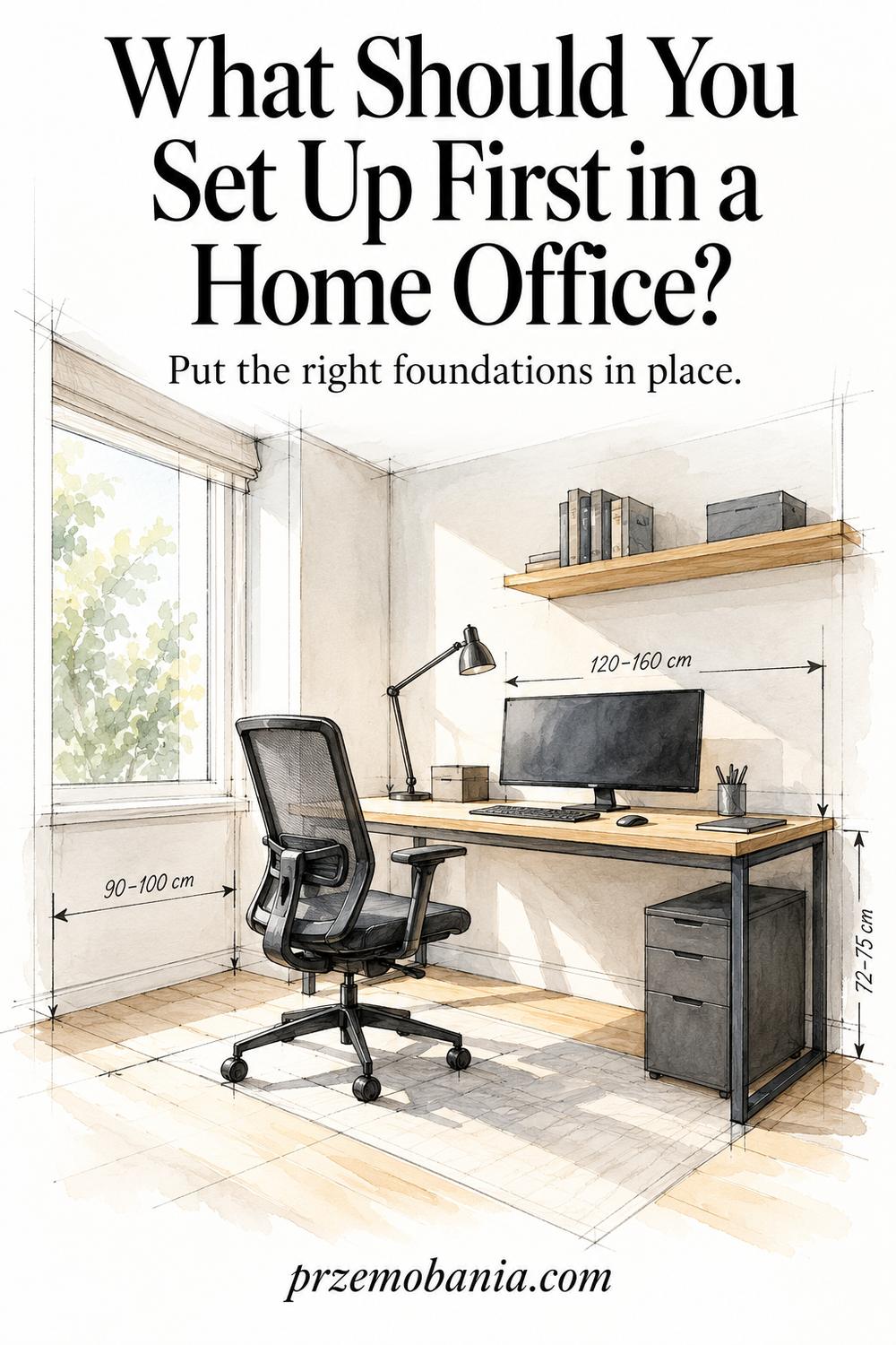 What Should You Set Up First in a Home Office? an illustrated desk and adjustable chair.