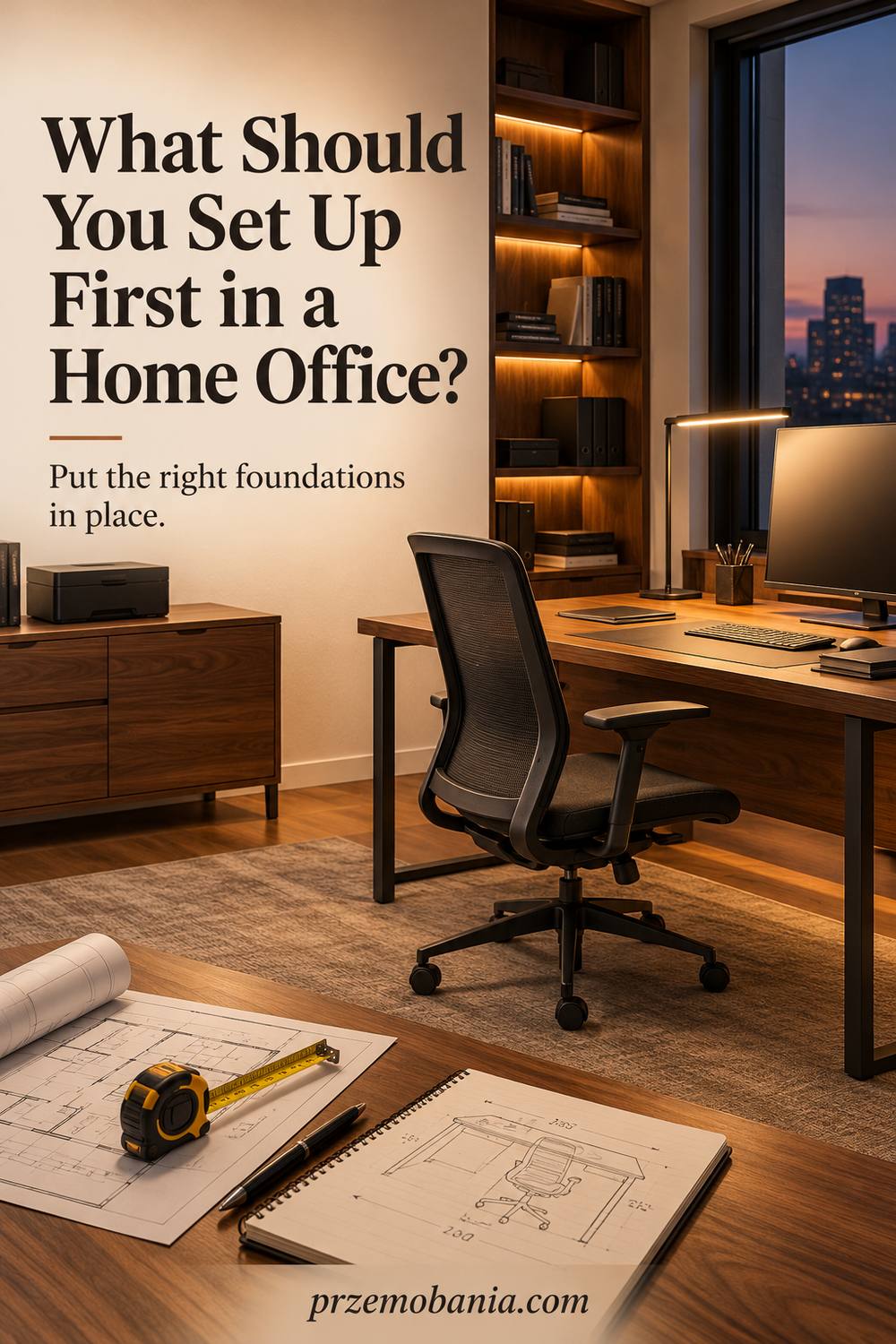 What Should You Set Up First in a Home Office? a warmly lit workspace in the evening.